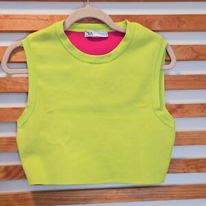 ZARA Womens Large Neon Green & Hot Pink Crop Colorblock Tank